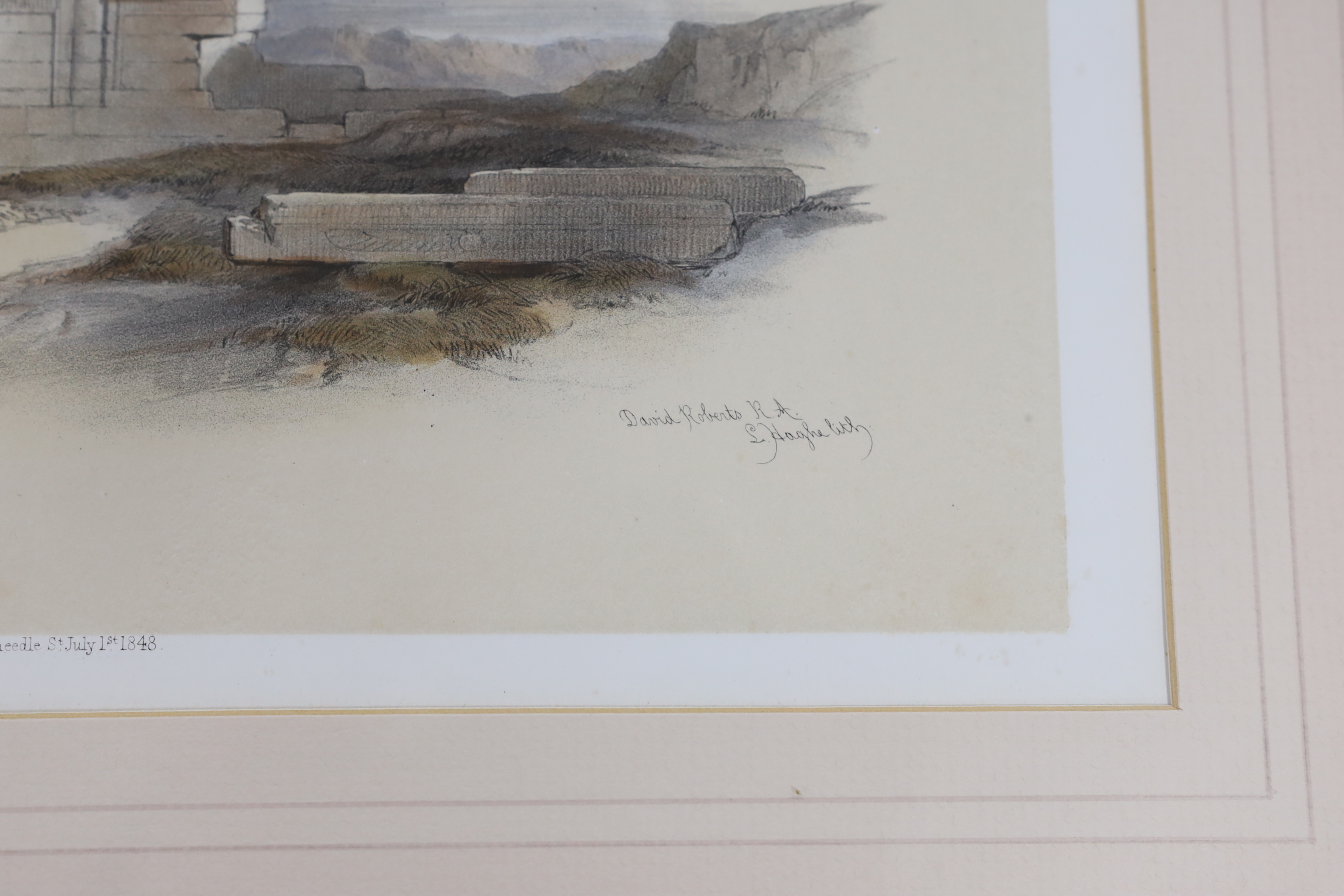 David Roberts (Scottish, 1796-1864), colour lithograph, 'Ruins of the Temple of Kardeseh, Nubia', publ. F.G. Moon, 1st July 1848, text verso, 28 x 38cm